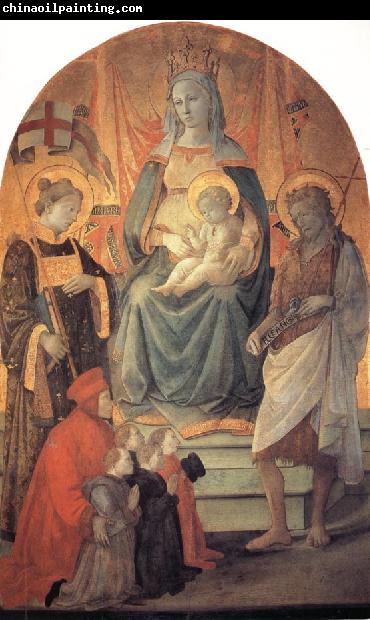 Fra Filippo Lippi The Madonna and Child Enthroned with Stephen,St John the Baptist,Francesco di Marco Datini and Four Buonomini of the Hospital of the Ceppo of Prato