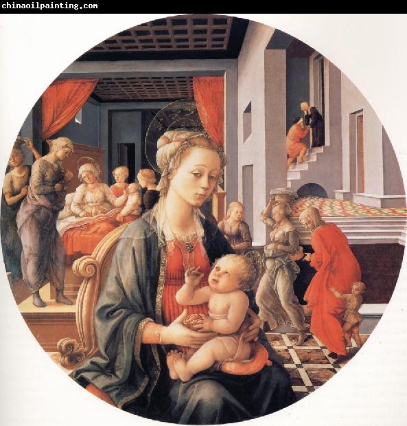 Fra Filippo Lippi The Madonna and Child with the Birth of the Virgin and the Meeting of Joachim and Anna