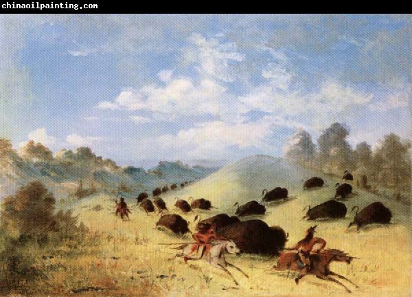 George Catlin Comanche Indians Chasing Buffalo with Lances and Bows