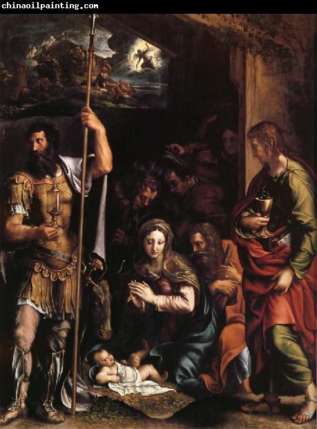 Giulio Romano La nativite de l'enfant jesus avec l'adoration des bergers entre Saint Jean l'Evangeliste et Saint Longin