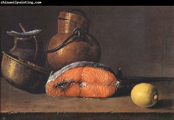 Luis Melendez Still Life with Salmon, a Lemon and Three Vessels