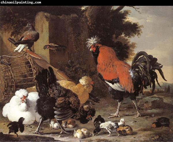 Melchior de Hondecoeter A Cock, Hens and Chicks