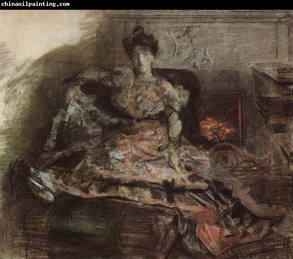 Mikhail Vrubel Arter the concert:nadezhda zabela-Vrubel by the fireplace wearing a dress designed by the artist