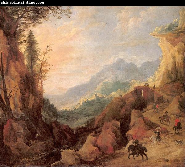 Momper II, Joos de Mountainous Landscape with a Bridge and Four Horsemen