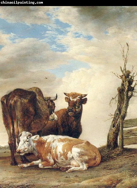 POTTER, Paulus Two Cows a Young Bull beside a Fence in a Meadow