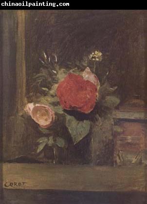 Jean Baptiste Camille  Corot Bouquet de fleurs dans un verre a cote d'un pot a tabac (mk11)