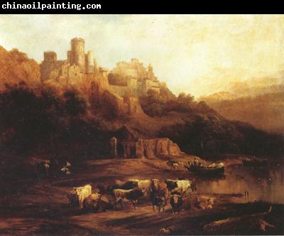 Jenaro Perez Villaamil Herd of Cattle Resting on a Riverbank in Front of a Castle (mk22)