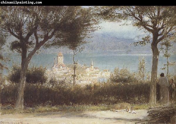 Albert goodwin,r.w.s The Town of Spiez on Lake Thun,Switzerland (mk37)