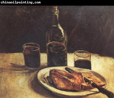 Vincent Van Gogh Still life with a Bottle,Two Glasses Cheese and Bread (nn04)