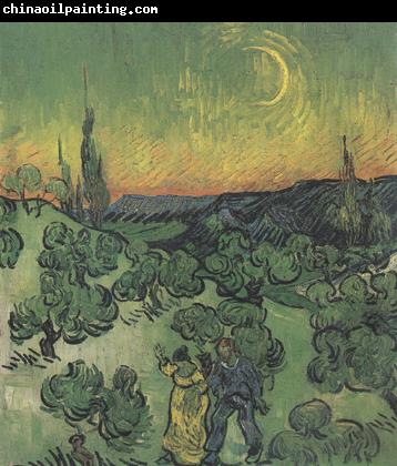 Vincent Van Gogh Landscape with Couple Walking and Crescent Moon (nn04)