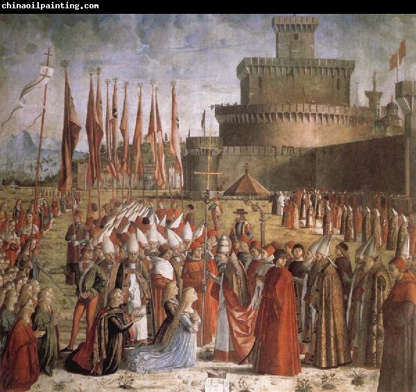 CARPACCIO, Vittore Scenes from the Life of St Ursula:The Pilgrims are met by Pope Cyriacus in front of the Walls of Rome