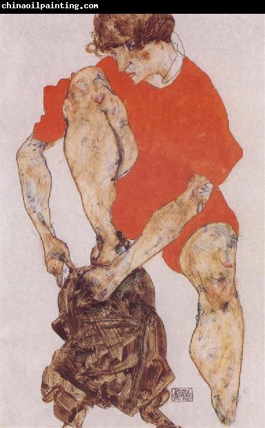 Egon Schiele Female Model in Bright Red Jacket and Pants