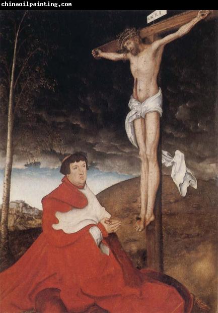 Hans holbein the younger Cardinal Albrecht of Branden-burg before the Crucifiel Christ