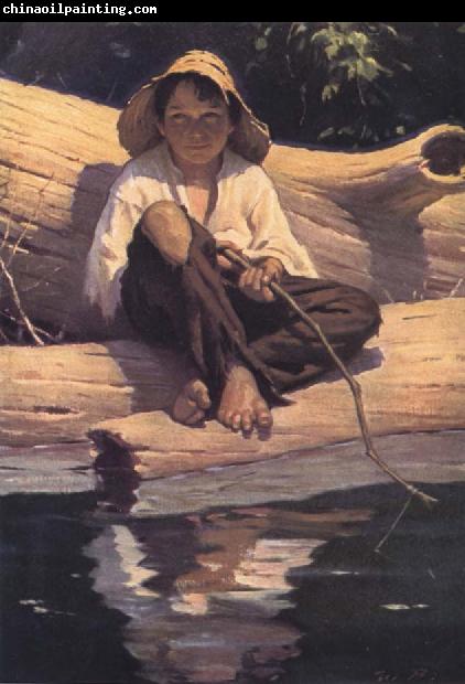 Worth Brehm Forntispiece illustration for The Adventures of Huckleberry Finn by mark Twain