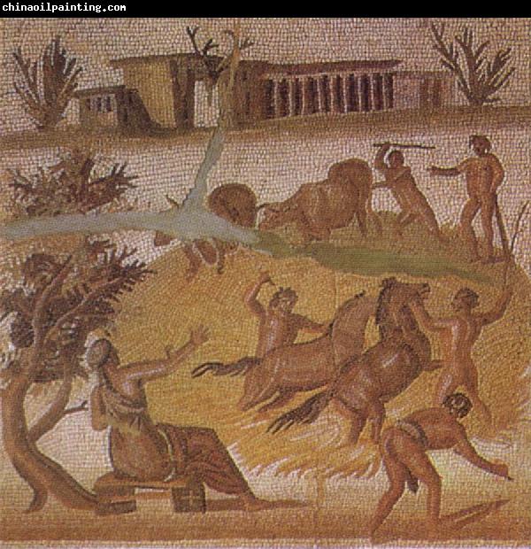 unknow artist Mosaic from the Roman villa at Zliten in Tripolitania showing horses and cattle threshing corn